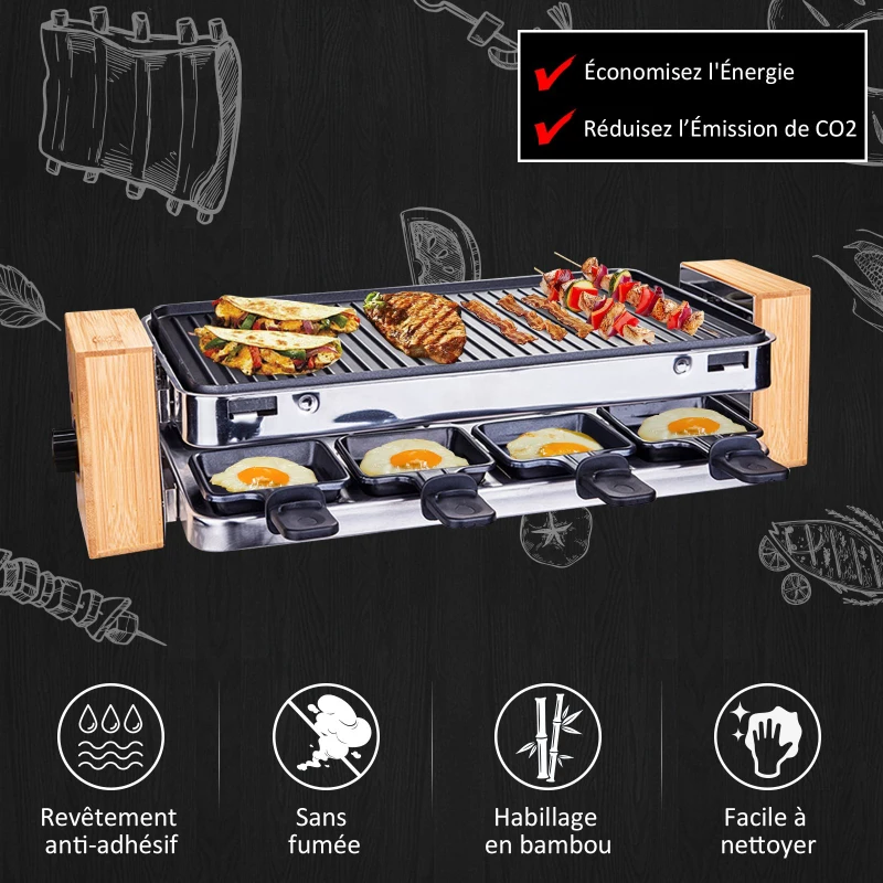 HOMCOM Appareil à raclette multifonction 8 personnes - 1500 W - grill grande taille - 8 Poêlons - habillage bambou
