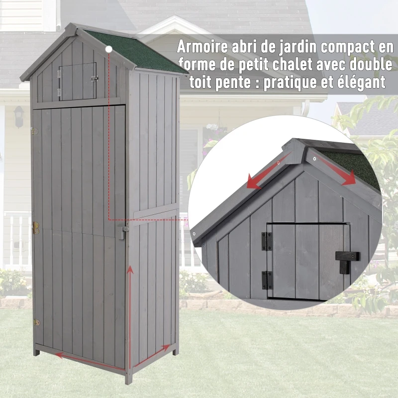 Outsunny Armoire abri de Jardin Remise pour Outils 3 étagères 2 Porte loquets Toit Pente bitumé 77L x 54l x 179H cm Sapin traité Gris