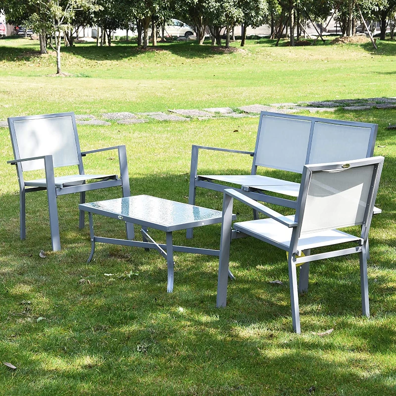 Outsunny Ensemble salon de jardin meuble de jardin 4 places en textilène 1 canapé + 2 fauteuils + 1 table casse cadre en acier gris
