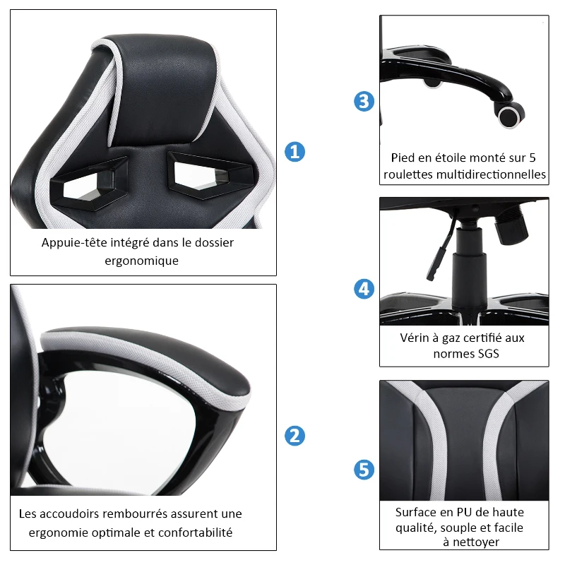 HOMCOM Chaise / fauteuil de bureau gaming Racing à bascule pivotant confortable accoudoirs rembourrés noir et blanc
