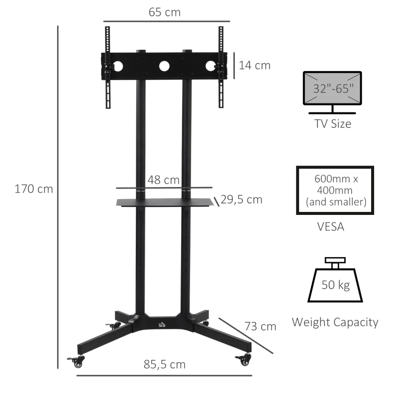 HOMCOM Support TV sur roulettes meuble TV roulant pour écran 32-65 pouces hauteur et angle réglable charge max. 50 Kg châssis acier noir