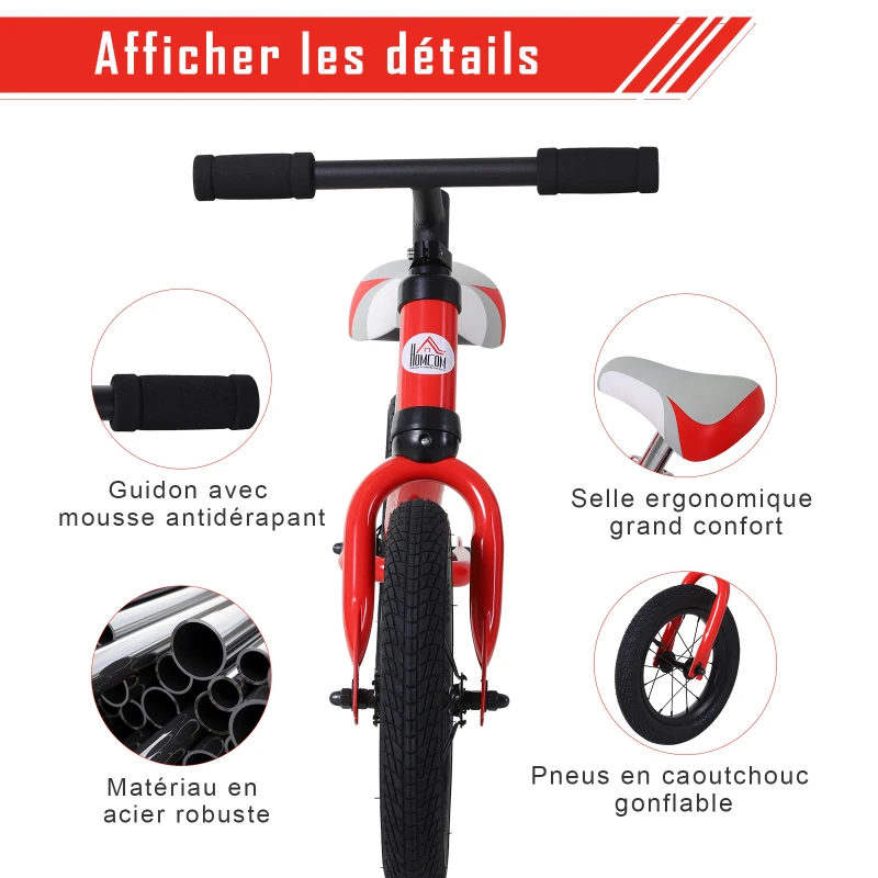 HOMCOM Draisienne enfant roues 12" hauteur selle réglable acier rouge