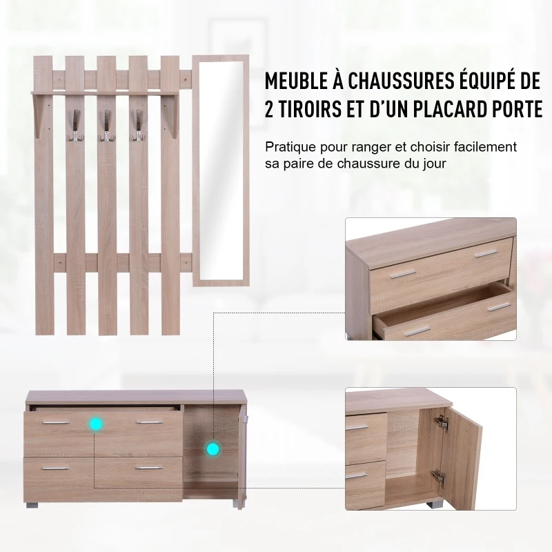HOMCOM Ensemble de meubles d'entrée 3 pièces meuble chaussures, miroir et panneau porte-manteau panneaux particules chêne clair