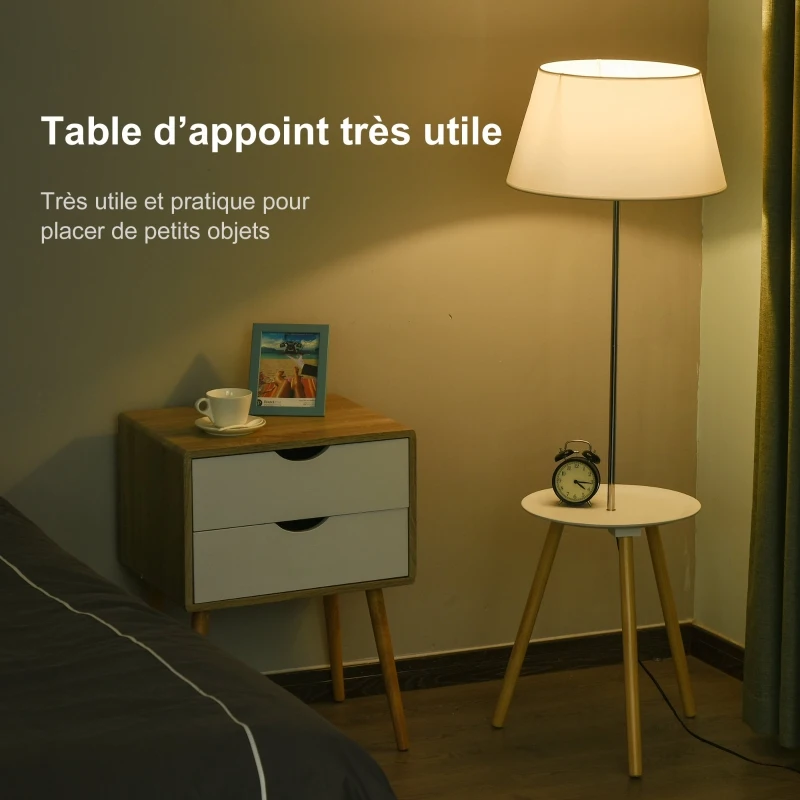 HOMCOM Table de Nuit lampadaire Table d'appoint lampadaire Design Scandinave bois de pin métal blanc
