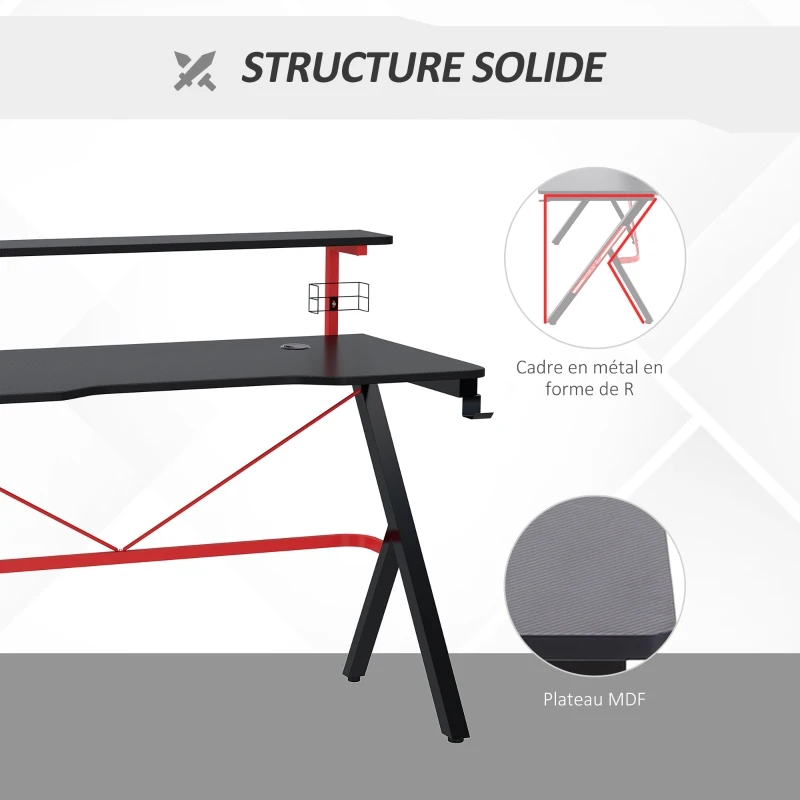 HOMCOM Bureau gaming bureau gamer bureau informatique bracket casque enceintes porte-gobelet grand plateau MDF + étagère écran châssis métal rouge noir