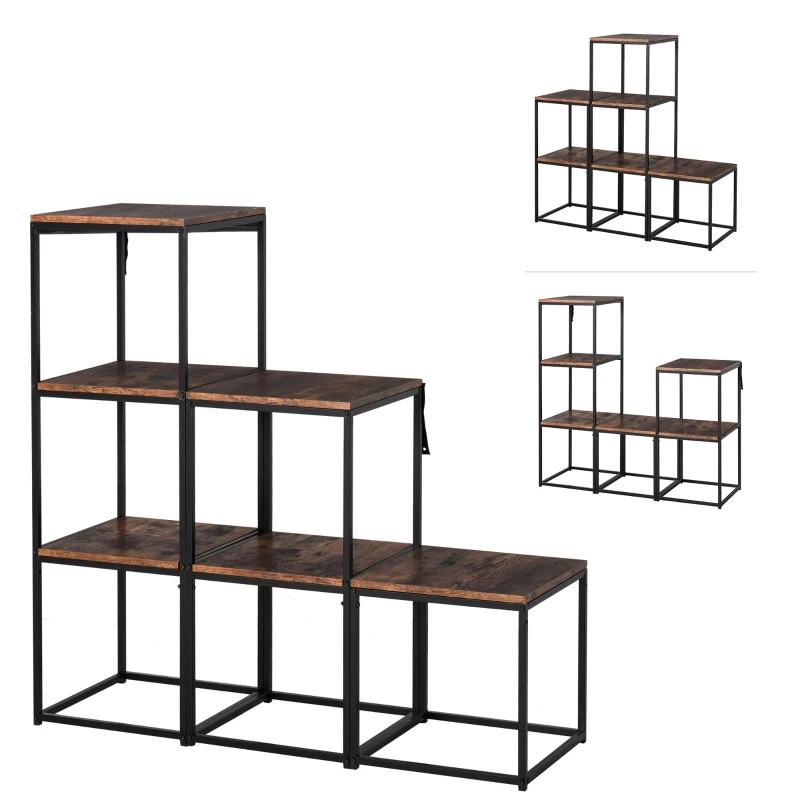 HOMCOM Étagère bibliothèque séparateur de pièce style industriel modulable 6 étagères métal noir MDF aspect vieux bois chêne