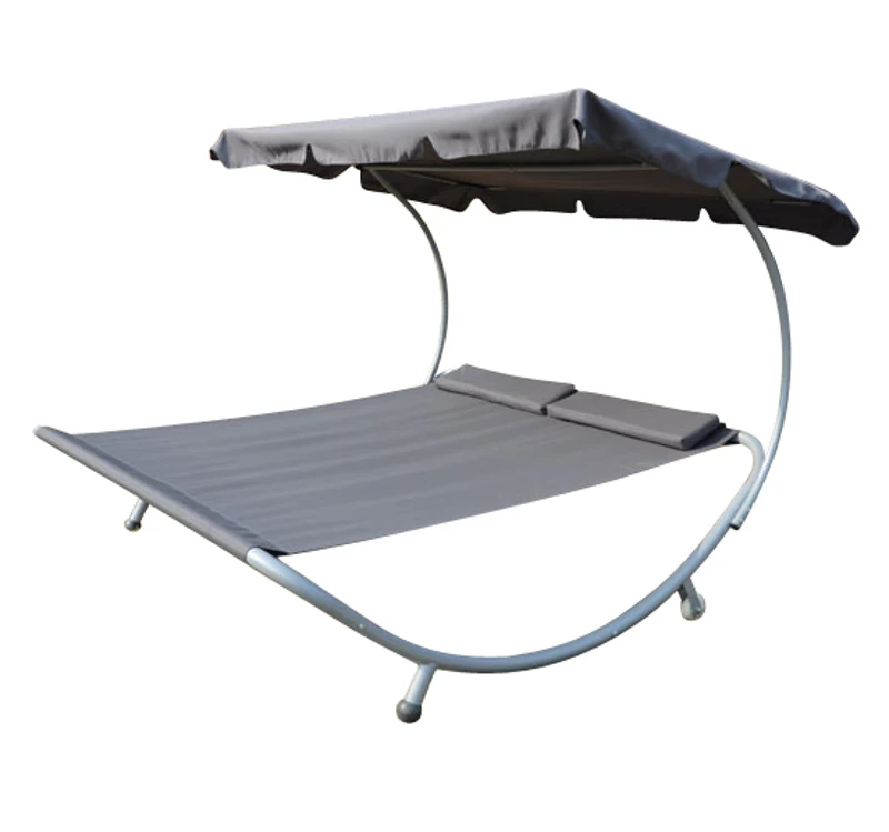 BAIN DE SOLEIL TRANSAT CHAISE LONGUE LIT DE JARDIN AVEC PARE-SOLEIL 2 PLACES GRIS NEUF 63G