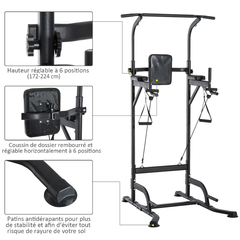 HOMCOM Station de traction musculation multifonctions chaise romaine hauteur réglable acier noir