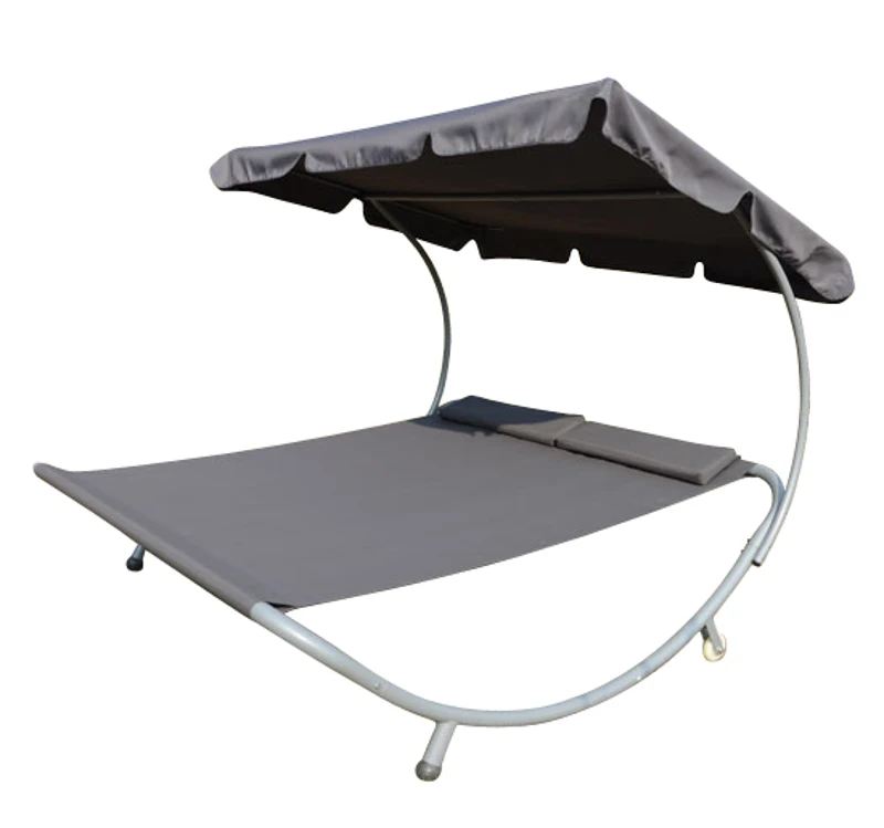 BAIN DE SOLEIL TRANSAT CHAISE LONGUE LIT DE JARDIN AVEC PARE-SOLEIL 2 PLACES GRIS NEUF 63G