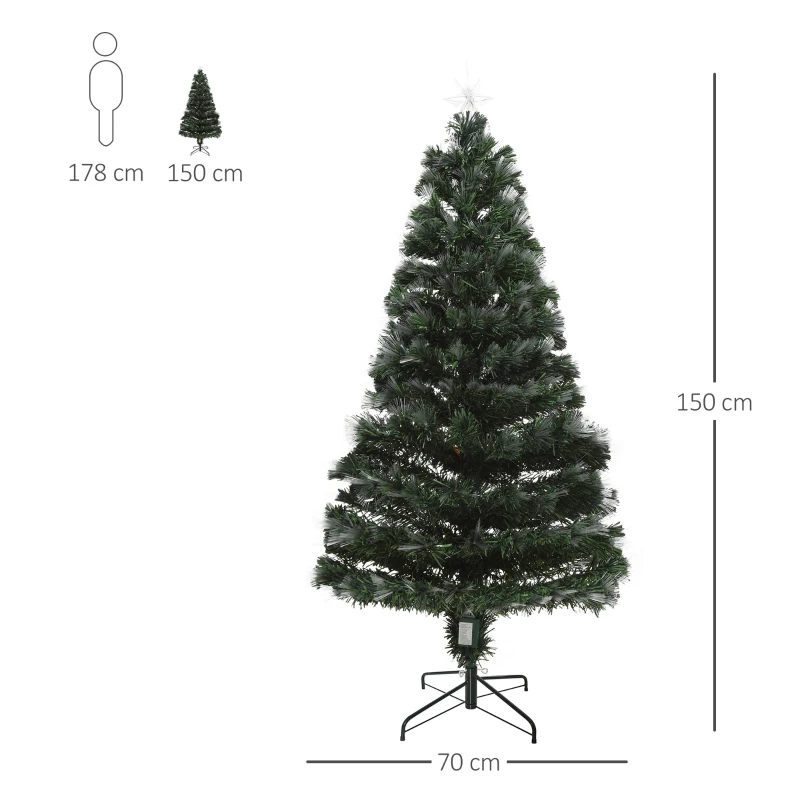 HOMCOM Sapin de Noël artificiel lumineux fibre optique LED 3 couleurs + support pied Ø 70 x 150H cm 170 branches étoile sommet brillante vert