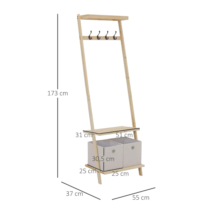HOMCOM Vestiaire d'entrée porte-manteau 4 patères double 2 paniers polyester gris clair 2 étagères bois de sapin