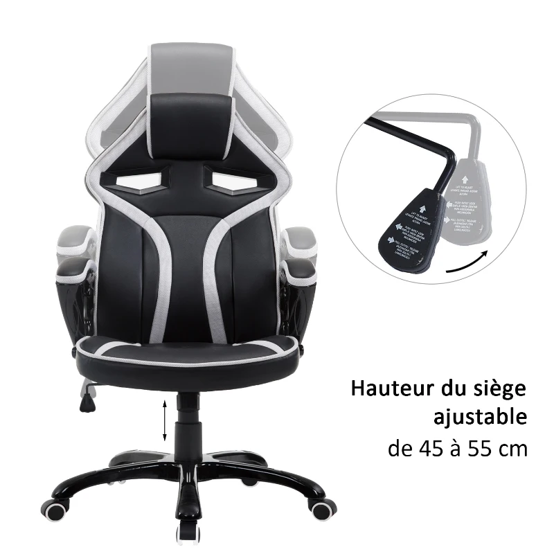 HOMCOM Chaise / fauteuil de bureau gaming Racing à bascule pivotant confortable accoudoirs rembourrés noir et blanc