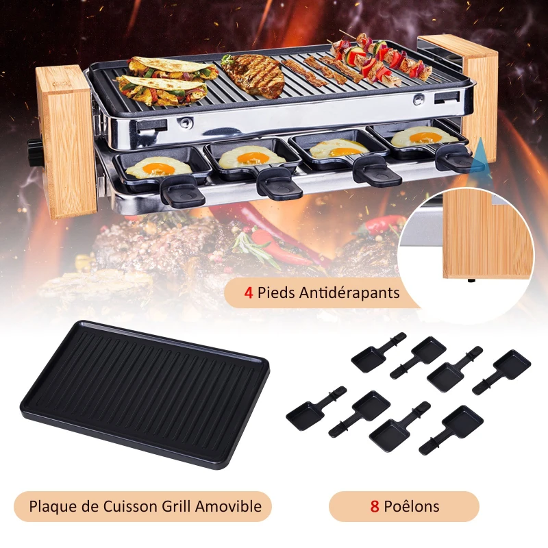 HOMCOM Appareil à raclette multifonction 8 personnes - 1500 W - grill grande taille - 8 Poêlons - habillage bambou