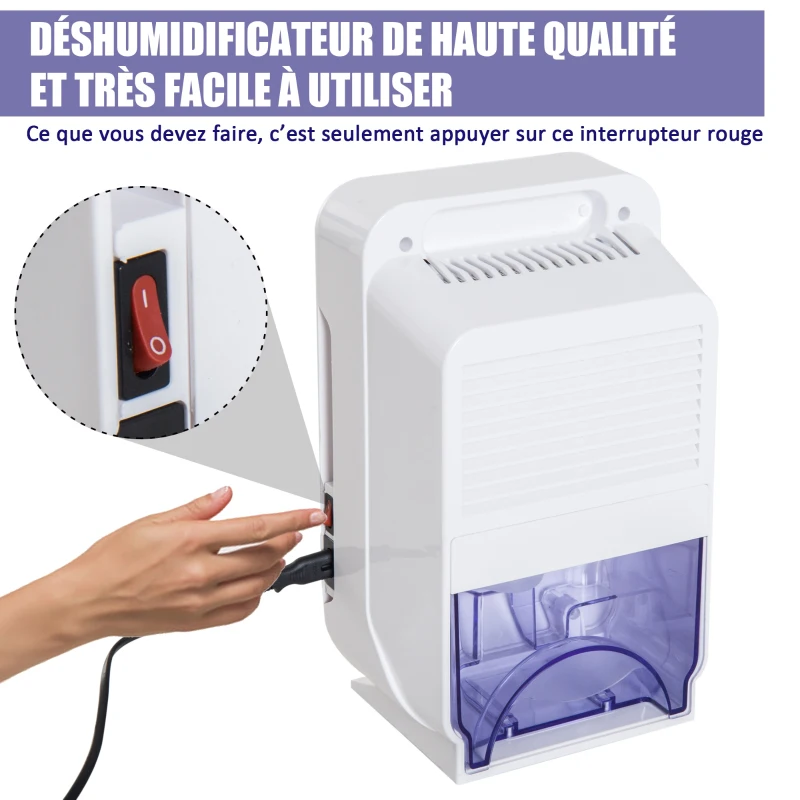 HOMCOM Déshumidificateur portable électrique 1,3 L silencieux évacuation continue 400 mL/24 H idéal pièces 20 m² blanc