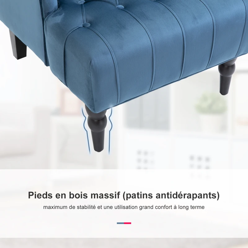 Homcom Fauteuil Chesterfield grand confort dossier assise capitonné avec boutons velours bleu