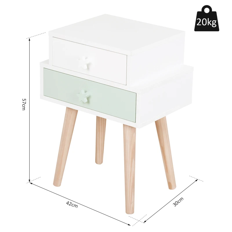 HOMCOM Lot de 2 chevets tables de nuit enfant design scandinave dim. 42L x 30l x 57H cm 2 tiroirs MDF blanc rose bois massif pin
