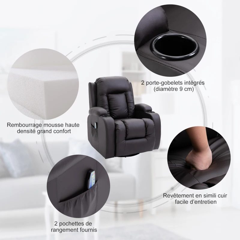 Homcom Fauteuil de massage et relaxation électrique chauffant inclinable repose-pied télécommande marron