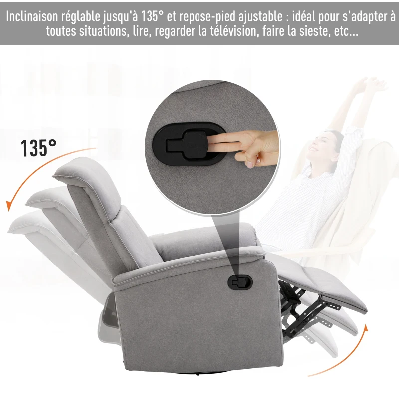 HOMCOM Fauteuil de relaxation grand confort pivotant 360° dossier inclinable repose-pied ajustable revêtement synthétique tissu gris clair
