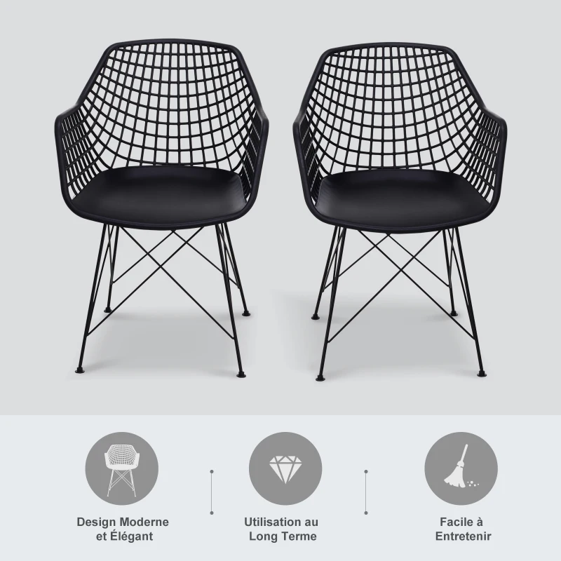 HOMCOM Lot de 2 chaises de salle à manger, chaise de cuisine, style néo-rétro, accoudoirs dossier ergonomiques, cadre PP, 4 pieds croisés métal, 57,5 x 53,5 x 86 cm, noir