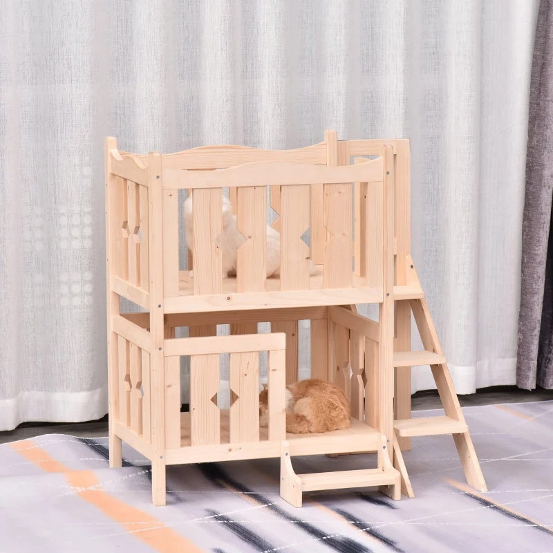 PawHut Maison lodge - niche avec terrasse et escalier pour chien chat - dim. 82L x 46l x 86H cm - bois massif de pin