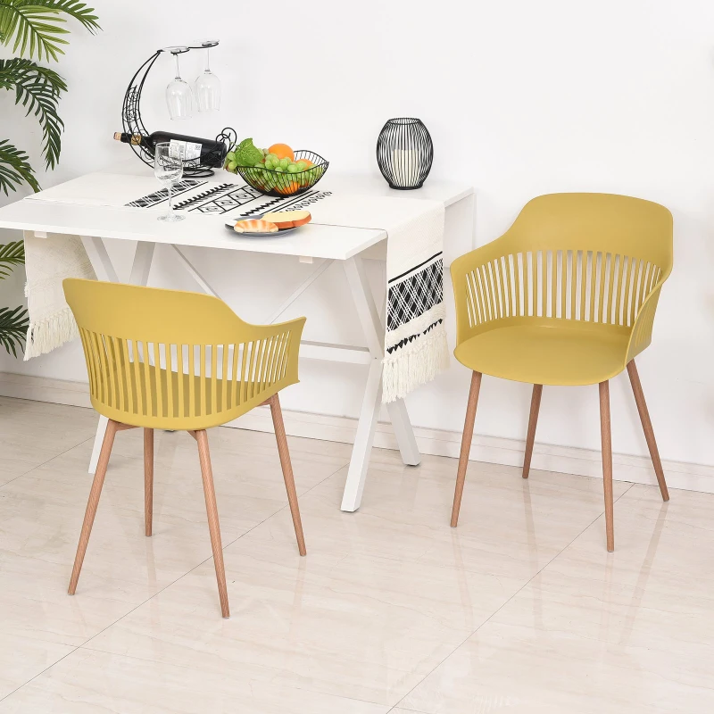 Lot de 2 chaises style néo-rétro accoudoirs coque polypropylène 4 pieds effilés métal imitation bois