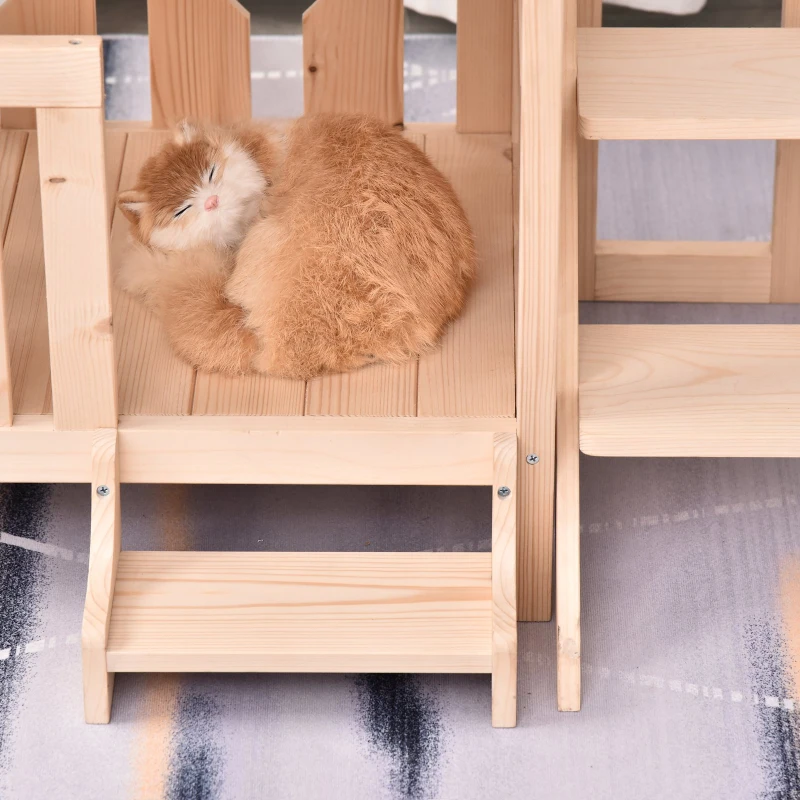 PawHut Maison lodge - niche avec terrasse et escalier pour chien chat - dim. 82L x 46l x 86H cm - bois massif de pin