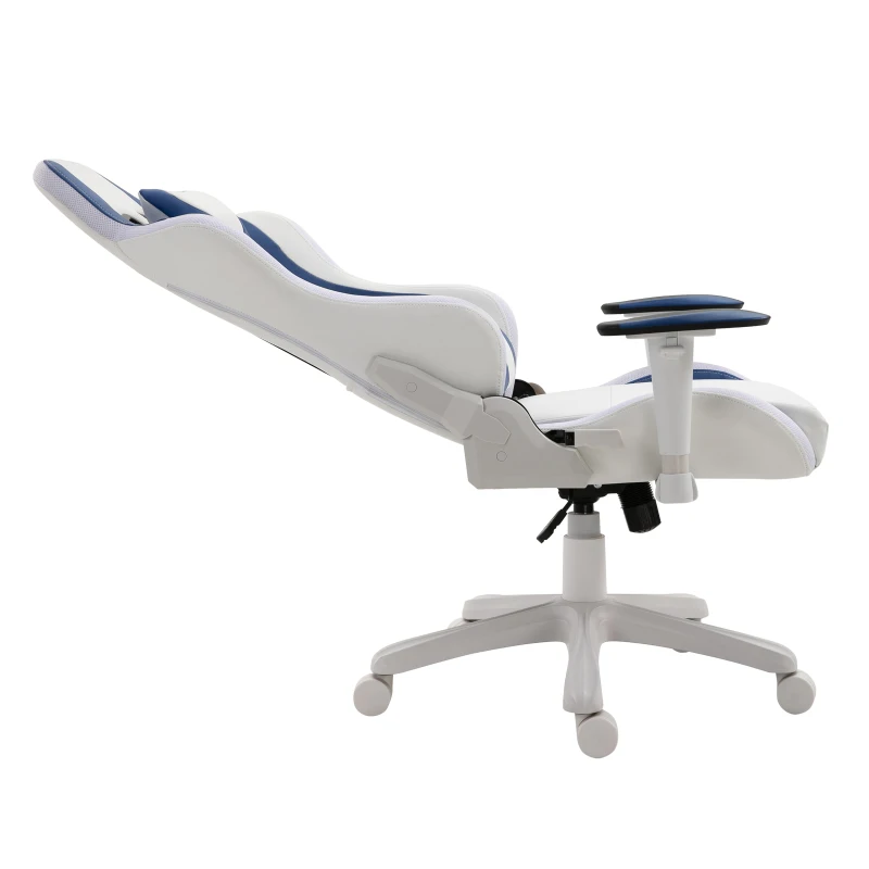 HOMCOM Fauteuil de bureau gamer LED fauteuil de bureau ergonomique dossier inclinable tétière, coussin lombaires, télécommande incluse revêtement synthétique blanc bleu