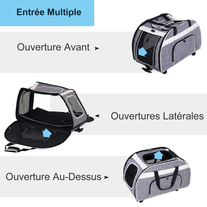 PawHut 2 en 1 trolley chariot sac de transport à main sur roulettes pour chien chat gris chiné noir