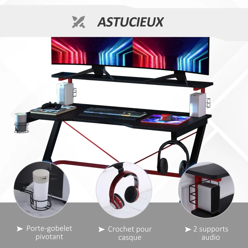 HOMCOM Bureau gaming bureau gamer bureau informatique bracket casque enceintes porte-gobelet grand plateau MDF + étagère écran châssis métal rouge noir