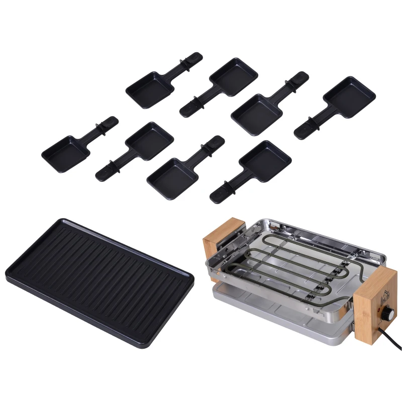 HOMCOM Appareil à raclette multifonction 8 personnes - 1500 W - grill grande taille - 8 Poêlons - habillage bambou