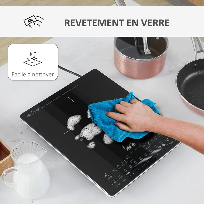 HOMCOM Plaque induction portable 2000 W - plaque chauffante - plaque de cuisson - réchaud - affichage LED, boutons tactiles - timer, verrouillage, 8 modes - noir