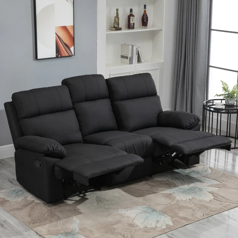 HOMCOM Canapé de relaxation 3 places avec 2 relax manuels tissu lin noir dim. 185L x 94l x 98H cm