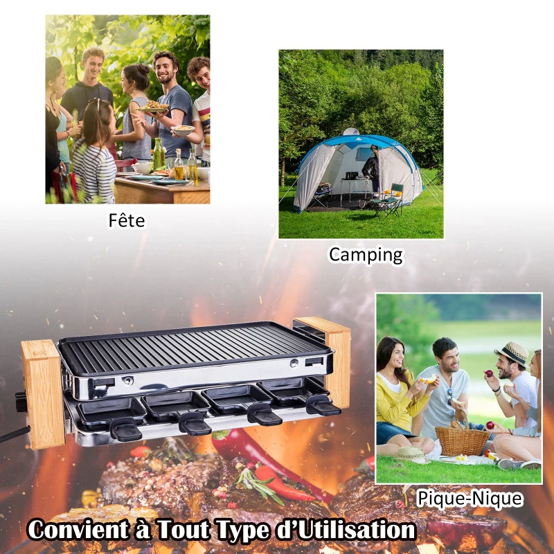 HOMCOM Appareil à raclette multifonction 8 personnes - 1500 W - grill grande taille - 8 Poêlons - habillage bambou