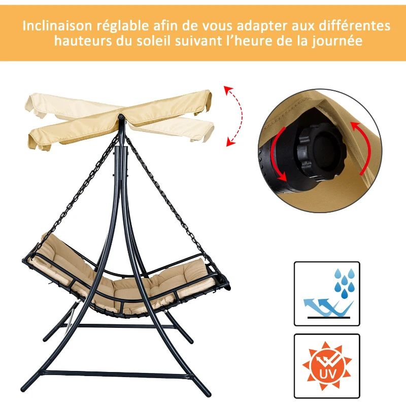 Outsunny Balancelle hamac de jardin 2 places grand confort inclinaison toit réglable 1,6L x 1,17l x 1,73H m métal époxy noir polyester beige