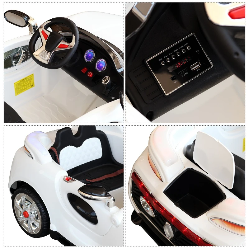 HOMCOM Voiture électrique enfant 2 places 12 V 3,5-7,5 Km/h 2 moteurs phares LED + bandes lumineuses fonction USB MP3 télécommande parentale blanc