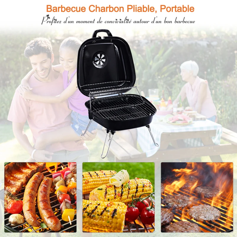 Outsunny Barbecue à Charbon Pliable Portable BBQ Grill sur Pied avec Couvercle dim. 45L x 42l x 33H cm Acier émaillé Noir