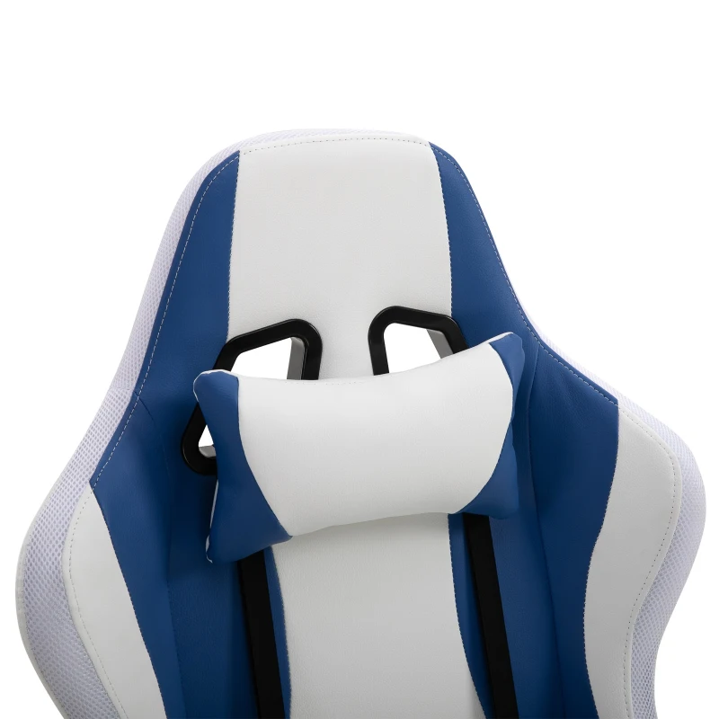 HOMCOM Fauteuil de bureau gamer LED fauteuil de bureau ergonomique dossier inclinable tétière, coussin lombaires, télécommande incluse revêtement synthétique blanc bleu