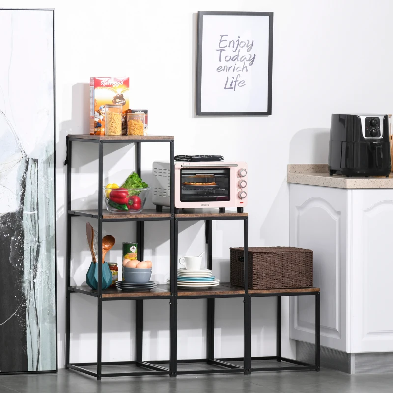 HOMCOM Étagère bibliothèque séparateur de pièce style industriel modulable 6 étagères métal noir MDF aspect vieux bois chêne