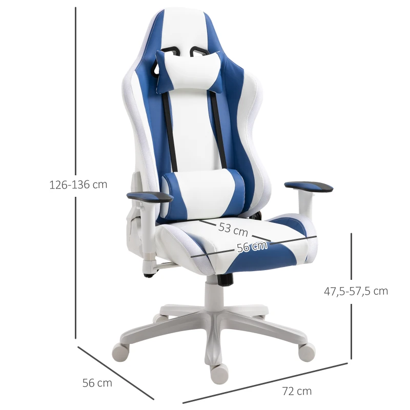 HOMCOM Fauteuil de bureau gamer LED fauteuil de bureau ergonomique dossier inclinable tétière, coussin lombaires, télécommande incluse revêtement synthétique blanc bleu