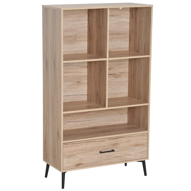 HOMCOM Bibliothèque meuble de rangement cosy chic tiroir coulissant 5 niches dim. 69L x 30l x 121H cm métal noir panneaux particules chêne clair
