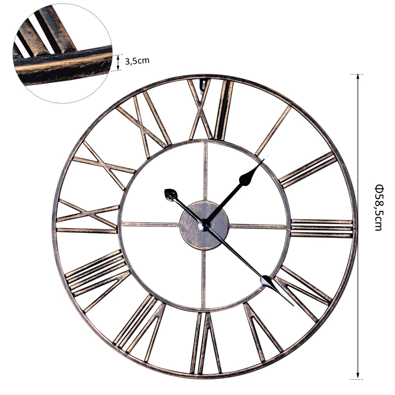 Homcom Horloge murale style vintage pendule silencieuse Ø 58,5 x 3,5H cm 2 aiguilles 12 chiffres romains métal bronze noir