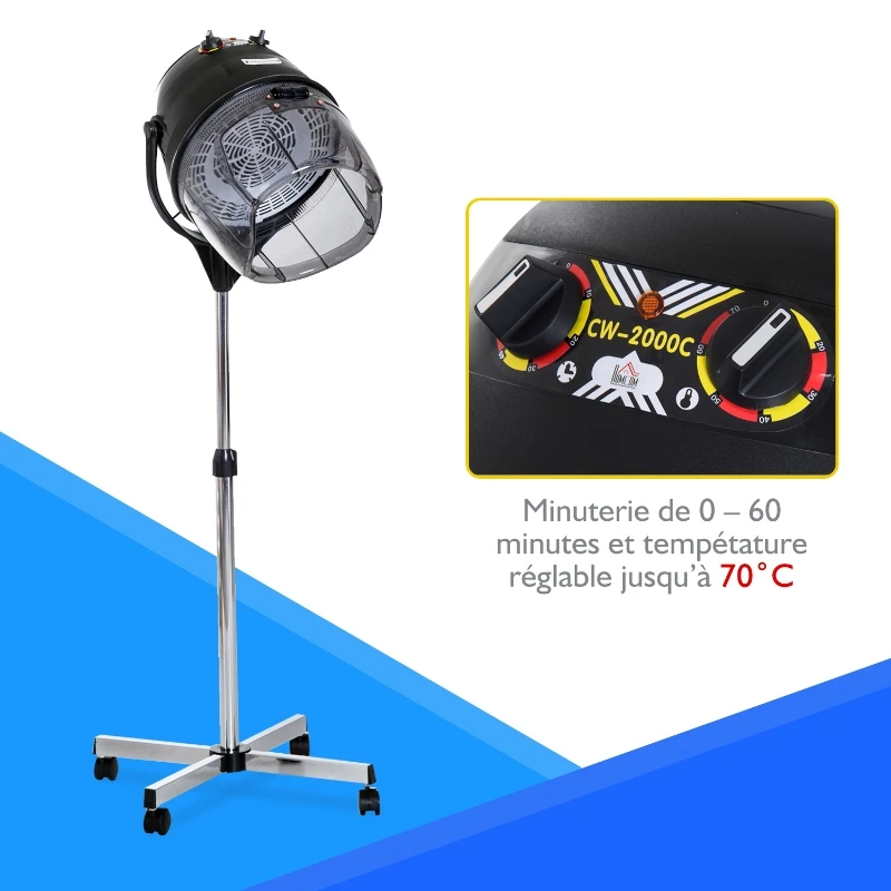 HOMCOM Sèche-cheveux professionnel sur pied casque séchoir pro. 1180 W grand confort hauteur réglable minuterie 60 min. 65L x 65l x 115-165H cm noir