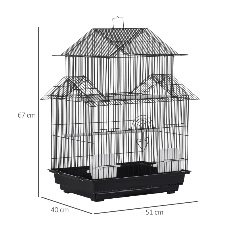 PawHut Cage à oiseaux design maison mangeoires perchoirs 3 portes plateau excrément amovible + poignée transport 51 x 40 x 67 cm noir