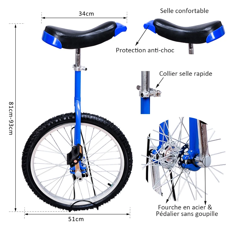 Soozier Monocycle/vélo à une roue hauteur réglable charge maximale 85 Kg