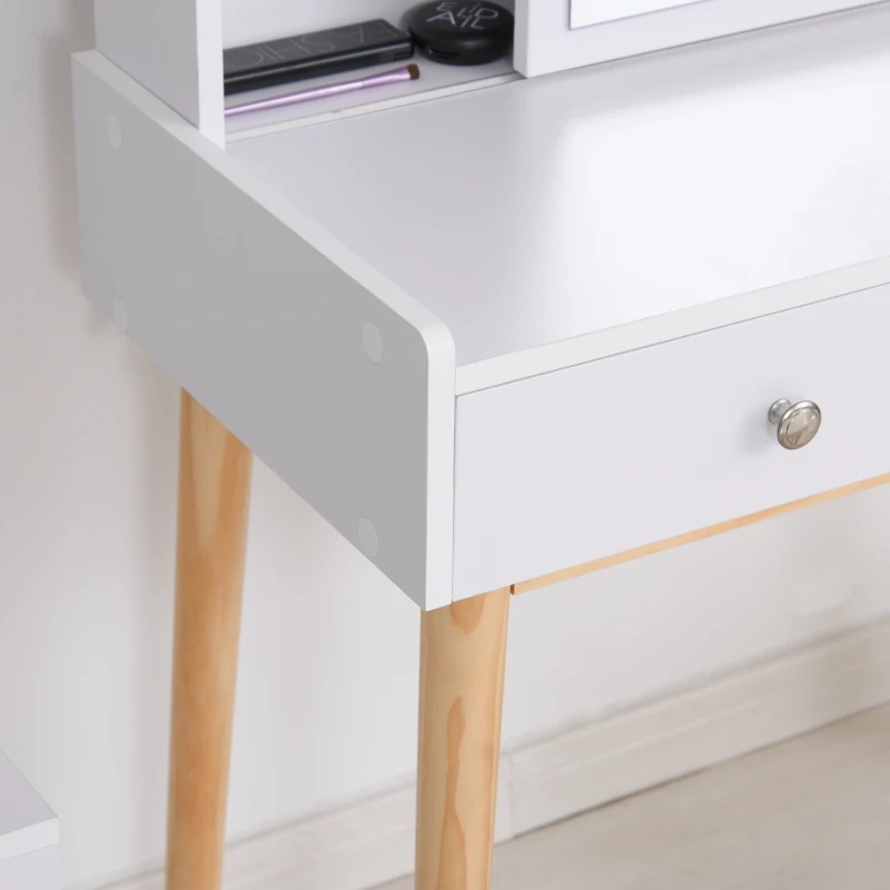 HOMCOM Coiffeuse Design scandinave Table de Maquillage Multi-rangements Miroir Coulissant Tabouret Blanc pin Clair