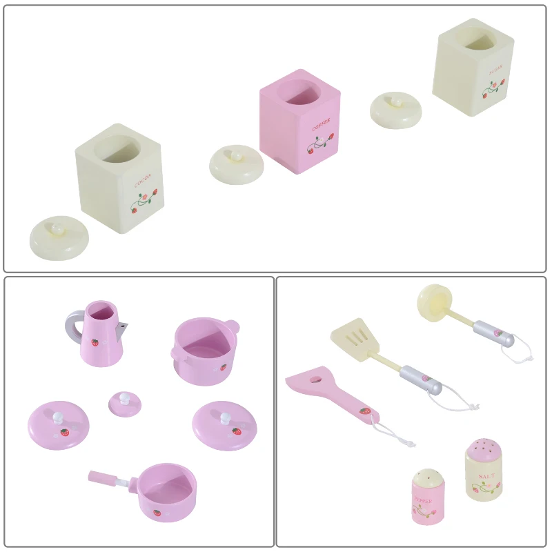 HOMCOM Cuisine pour enfants en bois jeu jouet d'imitation grand réalisme 60L x 30l x 62H cm multi-équipement 12 accessoires rose