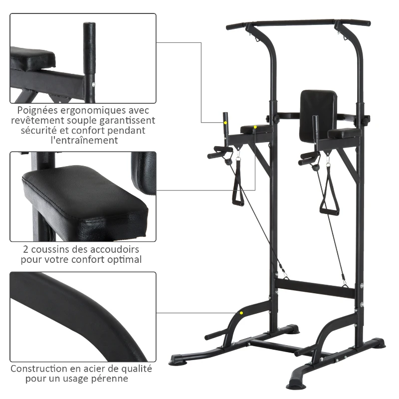 HOMCOM Station de traction musculation multifonctions chaise romaine hauteur réglable acier noir