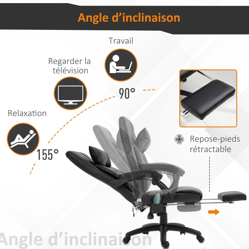 Fauteuil de bureau manager massant chauffant inclinable noir
