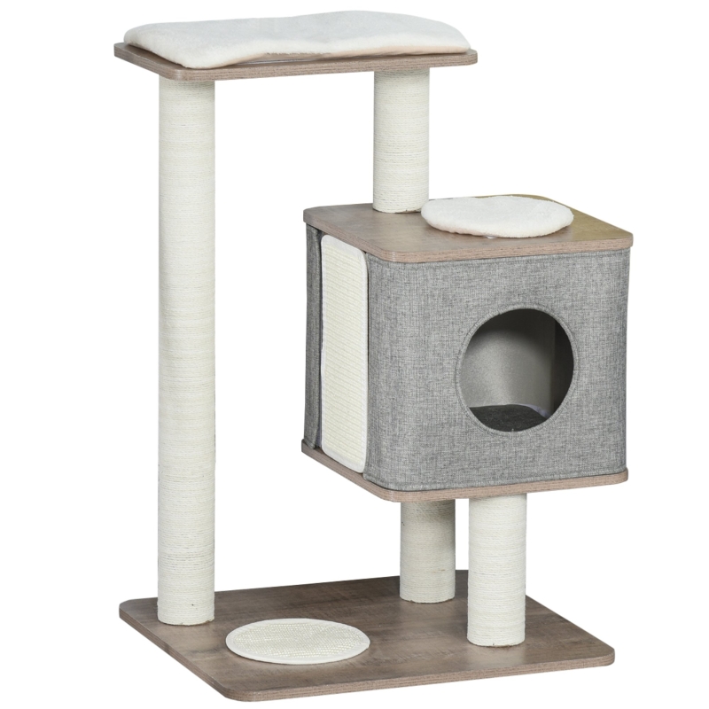 Arbre à chats design contemporain coussins inclus MDF hêtre lin gris
