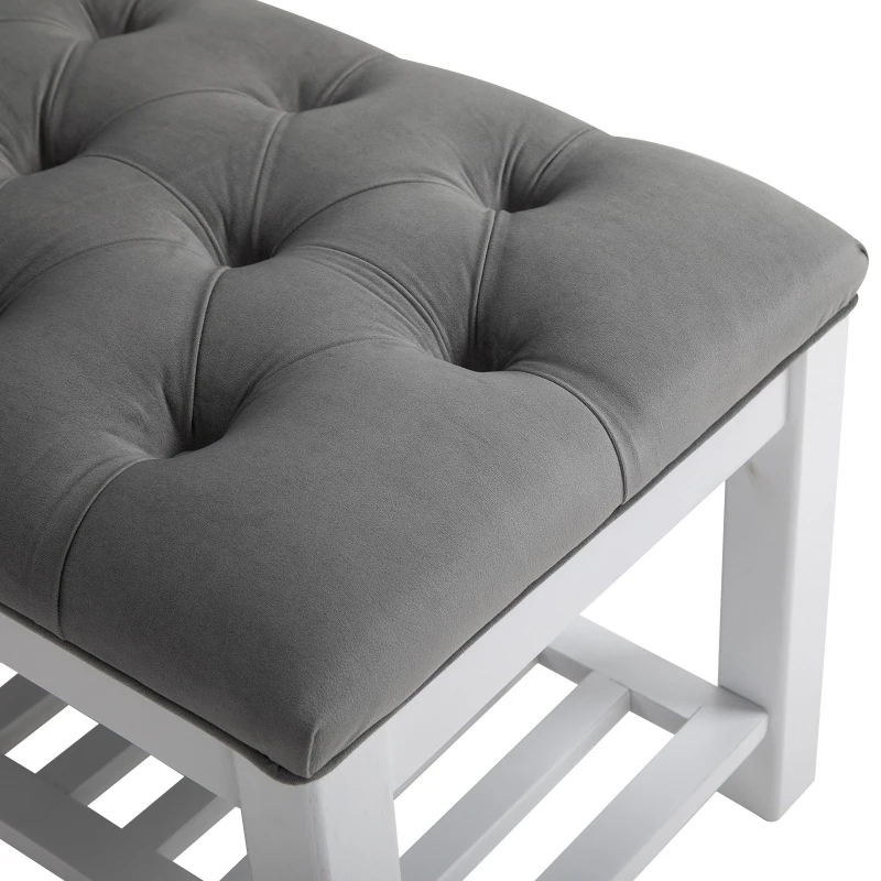 HOMCOM Banc banquette capitonnée style classique chic banc à chaussures dim. 108L x 45l x 46H cm bois massif caoutchouc blanc polyester gris